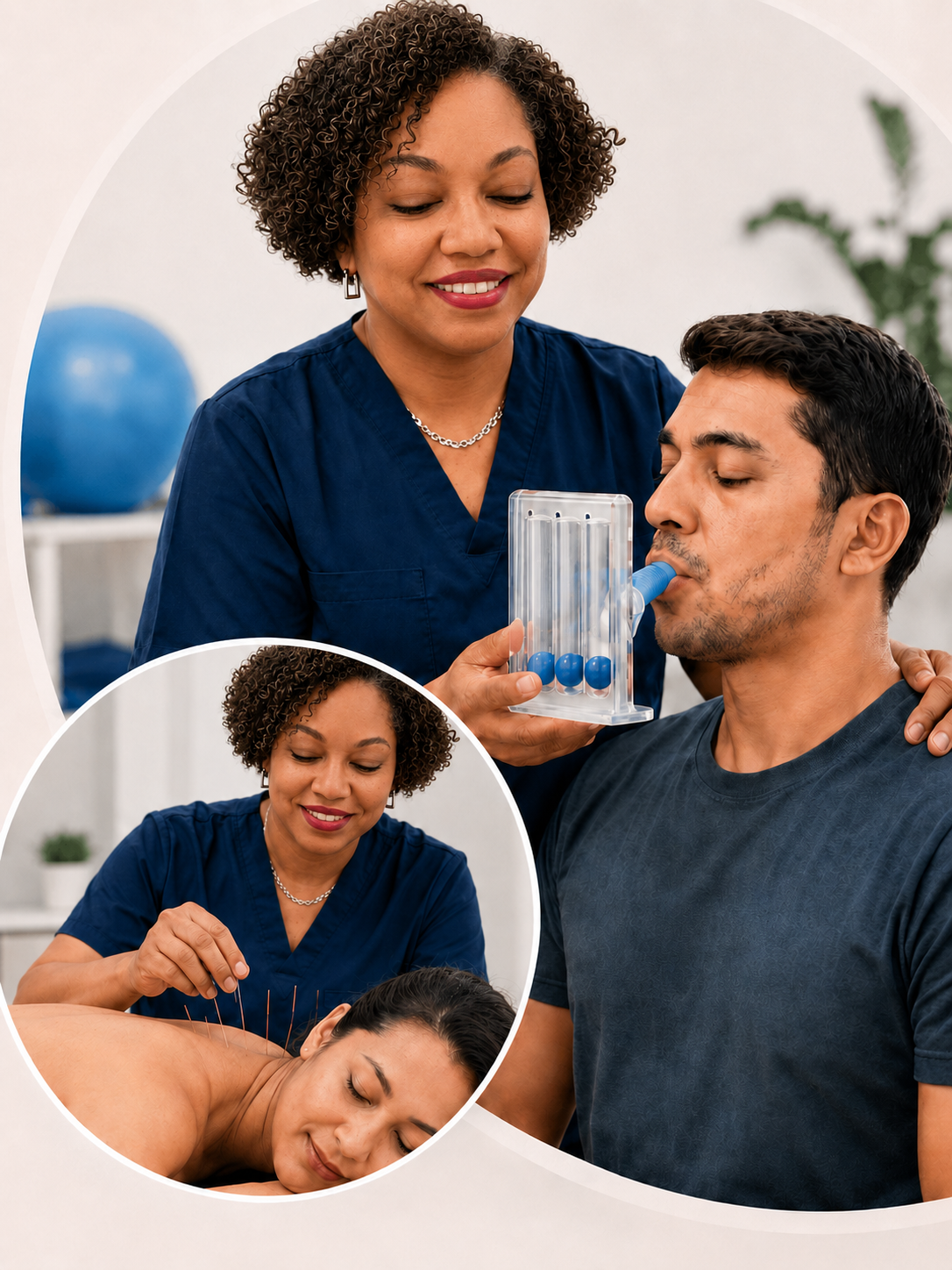 Fisioterapeuta acompanhando exercício respiratório com incentivador inspiratório e, em destaque, sessão de acupuntura